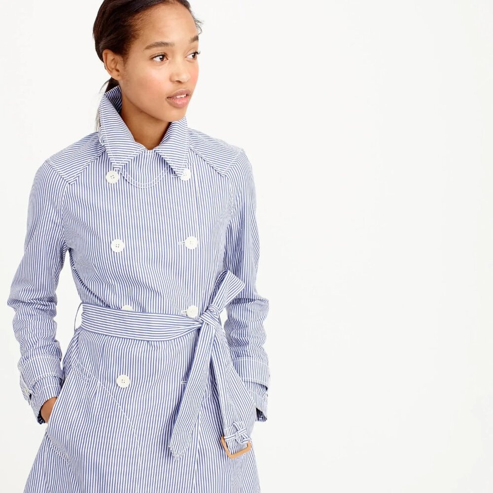 NWT J.Crew Trench Coat in Blue White Shirting Stripes Lightweight Coat 4 - Picture 3 of 7